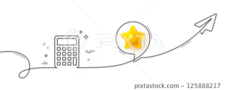 Calculator line icon. Continuous line with share plane. Accounting sign. Calculate finance symbol. 3d star in speech bubble. Calculator single line ribbon. Loop curve pattern. Vector 125888217