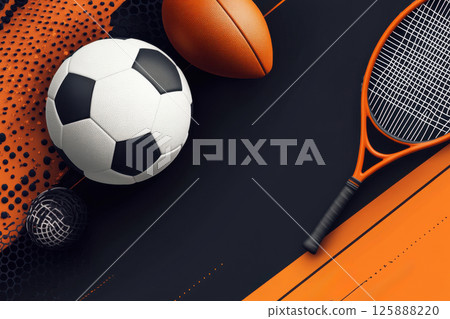 Exciting sports action soccer football and tennis equipment on black background dynamic composition modern design 125888220