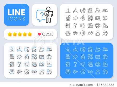 Furniture moving, Search photo and Moving service line icons for web app. Message, Share, Like social media icons. Pack of Sunny weather, Mobile like, Bordeaux glass pictogram icons. Vector 125888228