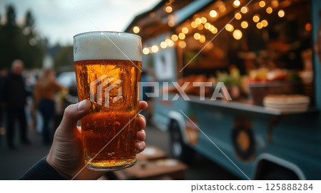 Celebrating beer culture at a food truck festival outdoor gathering beverage enjoyment nighttime ambiance close-up viewpoint 125888284