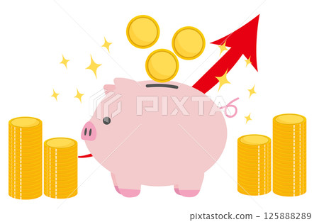 帶錢和箭頭的豬存錢罐插圖 125888289