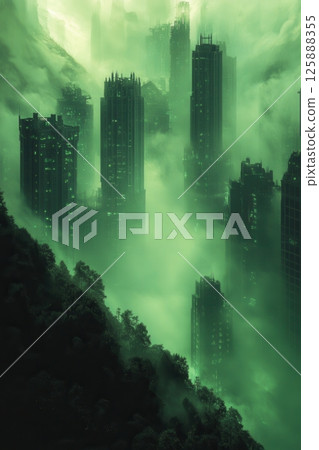 A cityscape with tall buildings and a foggy atmosphere A cityscape with tall buildings and a foggy atmosphere 125888355