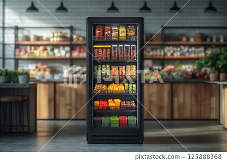 Grocery display of fresh produce in a modern supermarket food photography indoor environment eye-level view healthy living concept 125888368