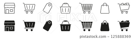 Shopping And Retail Icon Set. E-Commerce, Online Shopping, And Retail Store Symbol Collection. Includes Shopping Carts, Bags, Tags, And Baskets. Isolated Vector Illustration Shopping And Retail Icon Set. E-Commerce, Online Shopping, And Retail Store Symbol Collection. Includes Shopping Carts, Bags, Tags, And Baskets. Isolated Vector Illustration 125888369