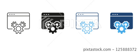 Web Browser With Gears Icon Set. Website Optimization, Configuration, And Development Symbol Collection. Software Engineering And System Management. Isolated Vector Illustration 125888372