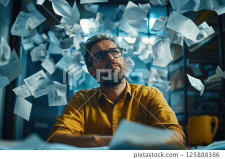 Overwhelmed office worker sorting papers home office digital content indoor close-up stress management strategies 125888386