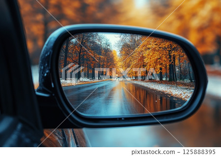 Autumn drive reflection scenic road nature landscape golden leaves captured moment 125888395