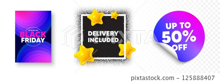 Delivery included photo frame 3d stars. Discount sticker banner. Delivery included tag. Free shipping sign. Special offer symbol. Black friday poster. Promo background. Vector 125888407