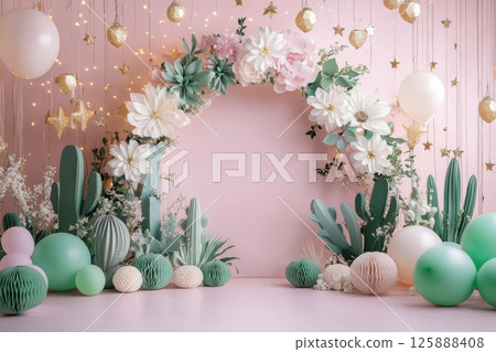 Festive celebration arch design event space decorative setup indoor environment eye-level view floral balloon decor 125888408