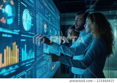 Corporate data analysis meeting collaborative digital technology in a professional environment 125888425