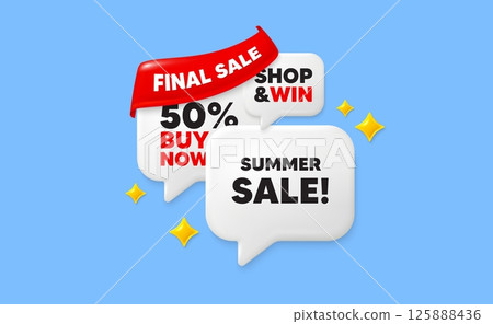 Summer sale speech bubbles. Final sale flag ribbon. Summer Sale tag. Special offer price sign. Advertising Discounts symbol. Discount chat bubbles with 3d sparkles. Vector Summer sale speech bubbles. Final sale flag ribbon. Summer Sale tag. Special offer price sign. Advertising Discounts symbol. Discount chat bubbles with 3d sparkles. Vector 125888436