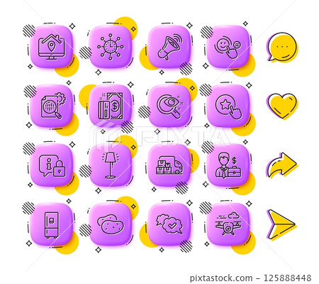 World time, Potato and Refrigerator line icons. App 3d buttons. Social media comment, share, like icons. Pack of Customer satisfaction, Vision test, Work home icon. Vector 125888448