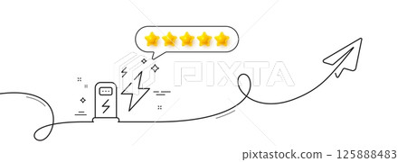 Charging station line icon. Continuous line with share plane. Car charge place sign. Electric power symbol. Five star rate review in speech bubble. Charging station single line ribbon. Vector 125888483