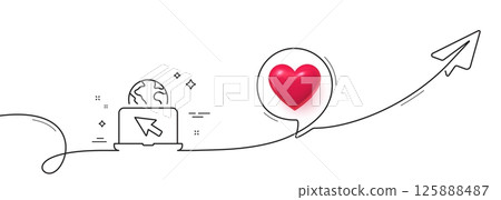 Internet line icon. Continuous line with share plane. Laptop web sign. Notebook with cursor symbol. 3d heart in speech bubble. Internet single line ribbon. Loop curve pattern. Vector 125888487