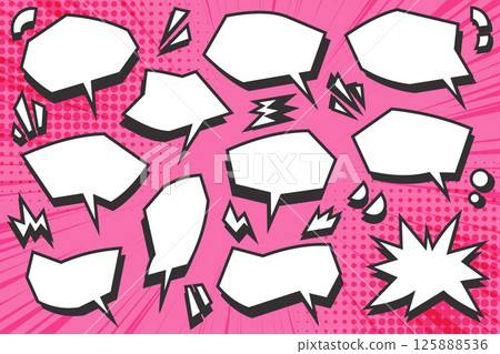 Manga speech bubbles. Comic frames for text. Anime cartoon clouds. Pop art dialog box on pink background. Cute shapes for poster and banner. Vector 125888536
