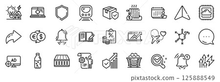 Energy inflation, Water bottle and Security statistics line icons pack. Share, Message, Paper plane icons. Flexible mattress, Sales diagram, Seo laptop web icon. Vector 125888549