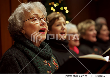 A group of older individuals sings together in a warmly lit setting with festive lights in the background. Concept of joyful singing group. For holiday event promotion. A group of older individuals sings together in a warmly lit setting with festive lights in the background. Concept of joyful singing group. For holiday event promotion. 125888678