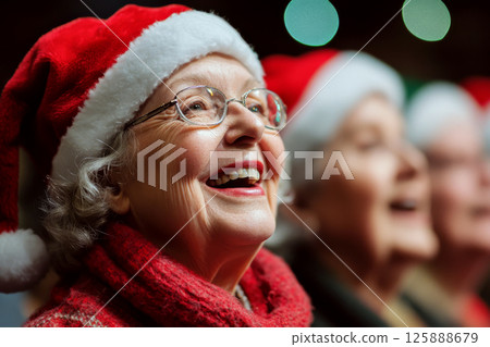 Elderly women in red Santa hats are joyfully singing in a festive setting. Concept of holiday spirit and joy. For holiday greeting card. Elderly women in red Santa hats are joyfully singing in a festive setting. Concept of holiday spirit and joy. For holiday greeting card. 125888679