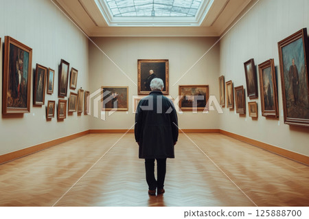 A person stands in an art gallery, looking at framed paintings on the walls. Concept of art appreciation and reflection. For art gallery brochure. 125888700