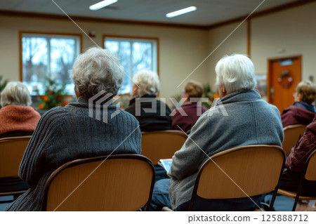 Elderly individuals sitting in chairs in a community hall attending an event. Concept of community gathering. For senior lifestyle events. 125888712