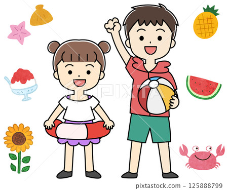 Summer icon illustration with kids in swimsuits 125888799