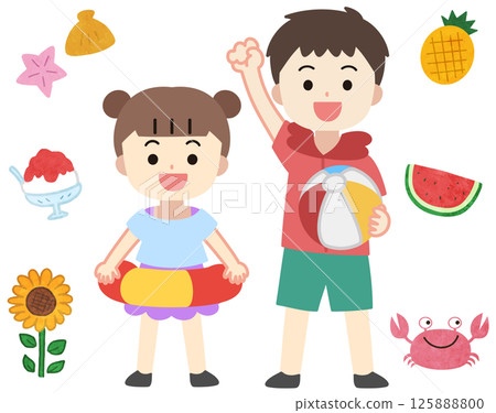 穿著泳衣的兒童夏季和圖標插圖 125888800