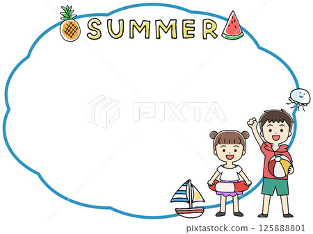 夏季框架插圖，上面有穿著泳衣、戴著講話泡泡的孩子 125888801