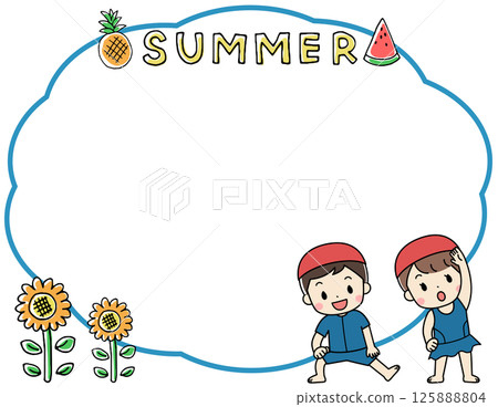Summer frame illustration with kids in swimsuits and speech bubbles Summer frame illustration with kids in swimsuits and speech bubbles 125888804