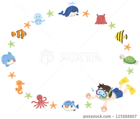 可愛的海洋生物和穿著泳衣的孩子的框架插圖 可愛的海洋生物和穿著泳衣的孩子的框架插圖 125888807