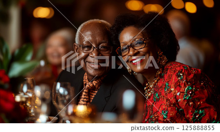 Elderly couple smiling together at a festive gathering, surrounded by warm lights and glasses. Concept of joy and celebration. For family photos. Elderly couple smiling together at a festive gathering, surrounded by warm lights and glasses. Concept of joy and celebration. For family photos. 125888855