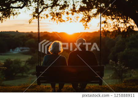 An elderly couple sit on a swing under a tree, watching the sunset. Concept of tranquility, companionship, and nature. For retirement lifestyle promotion. 125888911