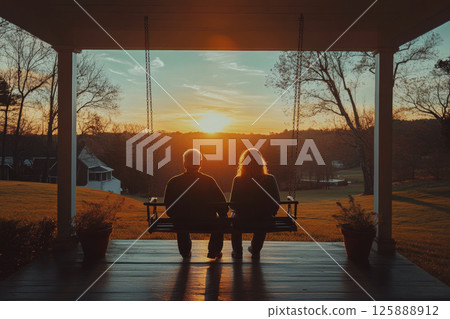 A man and woman sit on a porch swing watching a sunset over a scenic landscape with bare trees. Concept of tranquility and togetherness. For capturing serene moments. 125888912