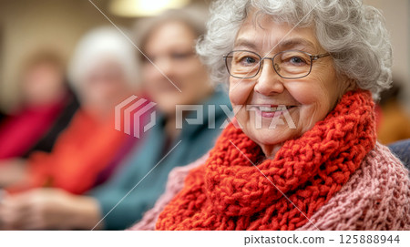 Senior woman with curly hair wearing a red scarf smiles, sitting indoors with others in blurred background. Concept of happiness and social bonding. For social connection content. Senior woman with curly hair wearing a red scarf smiles, sitting indoors with others in blurred background. Concept of happiness and social bonding. For social connection content. 125888944