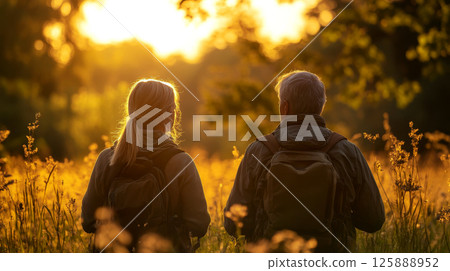 Two people with backpacks walking through a field at sunset. Concept of adventure, nature, exploration. For travel promotion, nature photography. 125888952