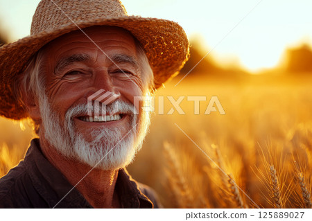 Smiling elderly man in a straw hat stands in a sunlit wheat field at sunset. Concept of happiness, agriculture, rural life. For promoting farming lifestyle. 125889027