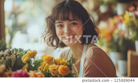 A person with curly hair smiling near colorful flowers in a shop. Concept of happiness and nature. For flower shop photo. 125889044