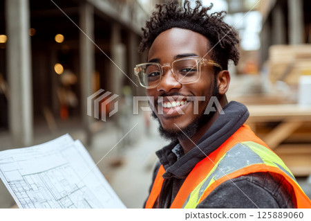 A person wearing safety glasses and a reflective vest smiles while holding architectural plans at a construction site. Concept of construction, architecture, safety. For promoting teamwork. 125889060