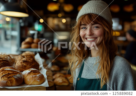 Young woman in a cozy sweater and beanie smiles beside fresh bread in a bakery. Concept of warmth and friendliness. For bakery advertisement 125889082