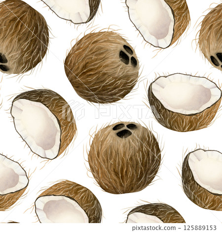 Coconuts watercolor seamless pattern on white. Realistic whole and sliced palm tree fruits repeat background for tropical nature designs and goods. Hand drawn summer food clip art Coconuts watercolor seamless pattern on white. Realistic whole and sliced palm tree fruits repeat background for tropical nature designs and goods. Hand drawn summer food clip art 125889153