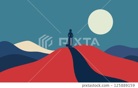 Woman People Silhouette Standing Loneliness on Dune Top Desert Landscape with Full Moon in Night Sky 125889159