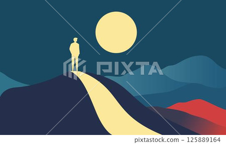 Man People Silhouette Standing Loneliness on Dune Top Desert Landscape with Full Moon in Night Sky Man People Silhouette Standing Loneliness on Dune Top Desert Landscape with Full Moon in Night Sky 125889164