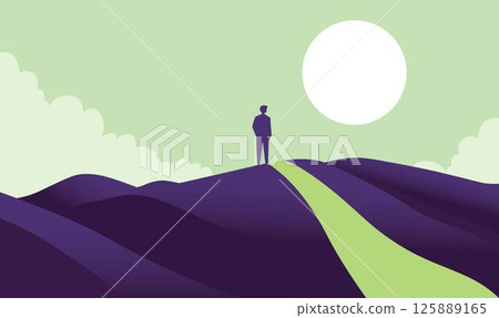 Man People Silhouette Standing Loneliness on Dune Top Desert Landscape with Sun in the Sky 125889165
