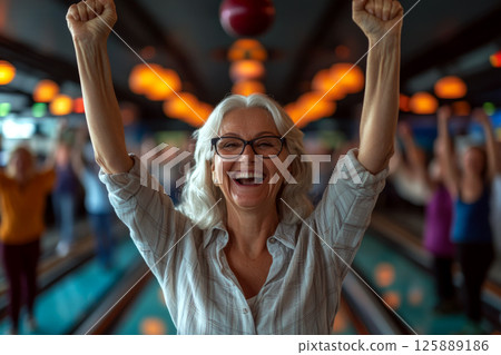 A woman with white hair and glasses raises her arms in victory at a bowling alley, with blurred people in the background. Concept of joy and celebration. For lifestyle and happiness photo. A woman with white hair and glasses raises her arms in victory at a bowling alley, with blurred people in the background. Concept of joy and celebration. For lifestyle and happiness photo. 125889186