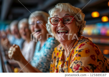 Elderly woman with red glasses smiling joyfully among a group of elderly friends in a lively setting. Concept of happiness and friendship. For senior lifestyle promotions. Elderly woman with red glasses smiling joyfully among a group of elderly friends in a lively setting. Concept of happiness and friendship. For senior lifestyle promotions. 125889187