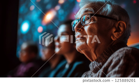 An elderly person wearing glasses looks thoughtfully at a colorful space-themed display. Concept of curiosity and exploration. For educational material. 125889201