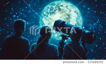 Three people silhouette stargazing with a telescope under a large glowing moon. Concept of exploration, astronomy, wonder. For educational materials. Three people silhouette stargazing with a telescope under a large glowing moon. Concept of exploration, astronomy, wonder. For educational materials. 125889202