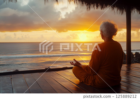 An elderly person sits cross-legged on a wooden deck, meditating at sunset by the ocean. Concept of tranquility, meditation, relaxation. For yoga retreat promotion. 125889212