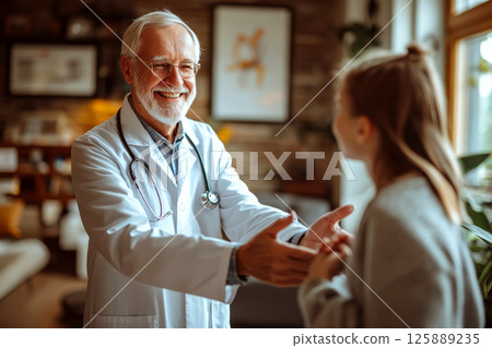 Doctor in a white coat smiling and interacting warmly with a female patient in a cozy room. Concept of friendly medical care. For health promotion. 125889235