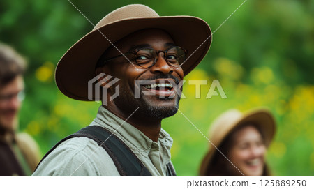 Man in a hat and glasses smiles outdoors with greenery and a blurred person in the background. Concept of happiness and nature. For lifestyle advertising photo. 125889250