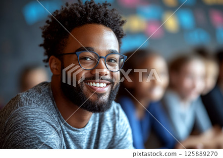 Smiling man in glasses sits in front with blurred people in the background. Concept of happiness, diversity, and friendliness. For photo of group activities. 125889270